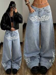 SHEIN Tall Women's Casual Washed Print Low Waist Wide Leg Jeans - Blue - View 3