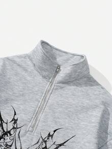Attitoon Casual Street Punk Y2K Style Grey & Black Wing Pattern Print Loose Fit Half Zip High Neck Fleece Sweatshirt, Comfortable For Autumn/Winter Graphic - Grey - View 5