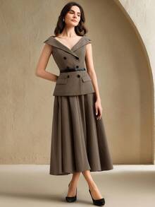 Anewsta 新款优雅露肩收腰棕色中长连衣裙，适合毕业典礼、感恩节、秋季、春季、夏季、新年、派对、婚礼、圣诞节、节日、假日、外出、休闲等场合，尽显优雅、时尚、别致、潮流。 - 咖啡棕 - 查看 6