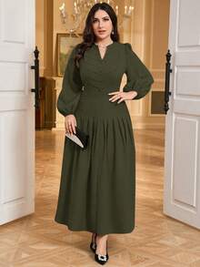 Modelyn Đầm tay đèn lồng màu trơn thanh lịch cỡ lớn, thích hợp dự tiệc - xanh quân đội - Xem 3