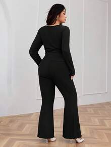Modelyn Plus Size Women's Spring/Autumn Casual/Work Solid Color Long Sleeve Drawstring Ruched Asymmetrical Hem Fitted T-Shirt And Flare Leg Pants 2-Piece Set - Black - View 2