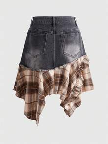ROMWE Grunge Punk 浪漫朋克学院风牛仔拼布格子不对称下摆女式牛仔迷你裙 - 棕色 - 查看 2
