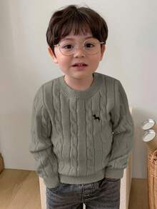 DAZY 幼儿男童圆领麻花针织扭纹卡通刺绣纯色毛衣 - 卡其色 - 查看 5