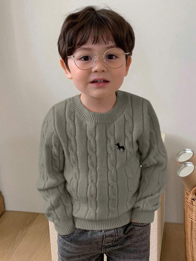 Toddler Boys' Crew Neck Cable Knit Twist Cartoon Embroidery Solid Color Sweater