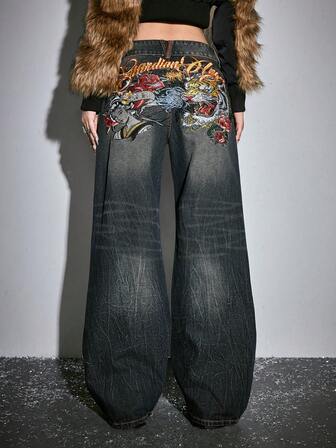 J-Fashion Autumn/Winter New Chinese Style Tiger Head Geisha Figure English Embroidery Super Low Waist Retro Women Jeans
