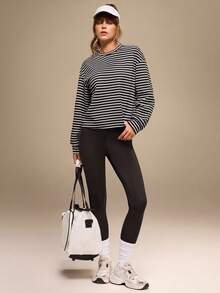 Hanevo 女式休闲条纹落肩长袖T恤 - 紅白色 - 查看 2