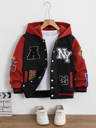 SHEIN Chaqueta con capucha de forro polar para niños con estampado de letras, chaqueta de campus, chaqueta deportiva, otoño/invierno