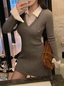 DAZY Women's 2 In 1 Contrast Color Korean Cartoon Embroidery Mid-Length Sweater Dress, Autumn/Winter