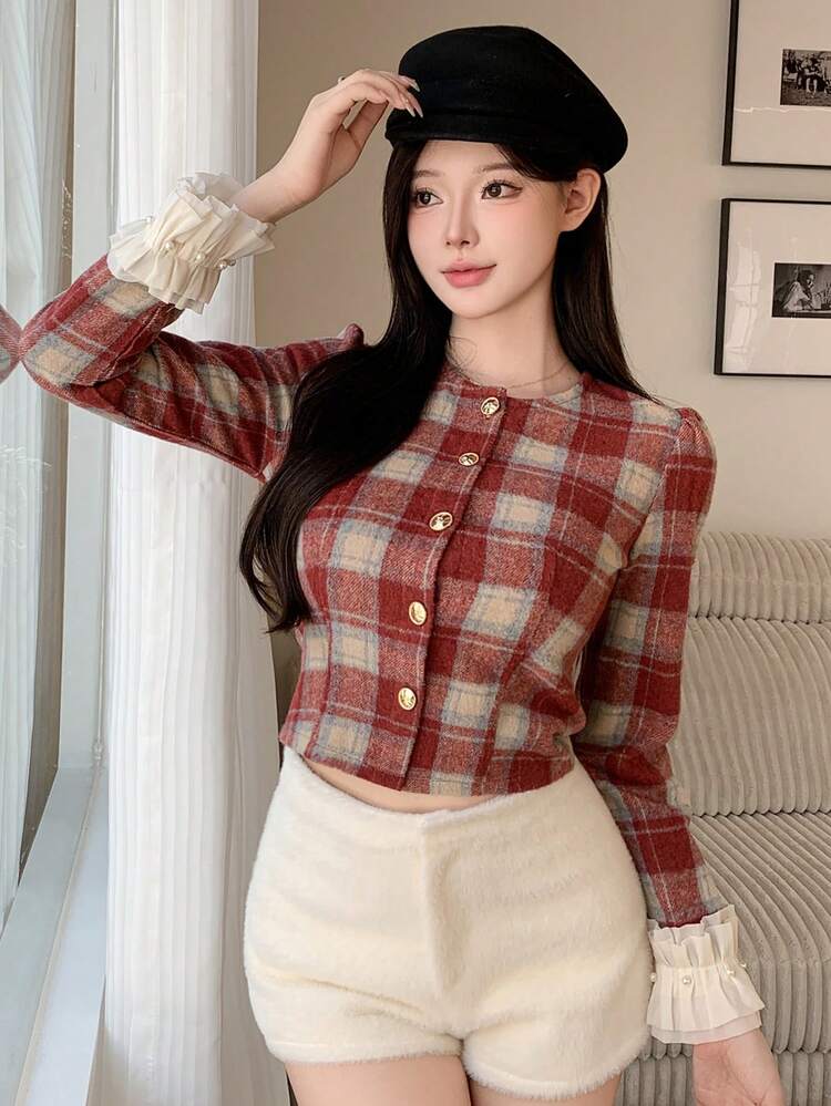 Women's Plaid Lace Patchwork Long Sleeve Jacket, Valentine's Day Women Coats