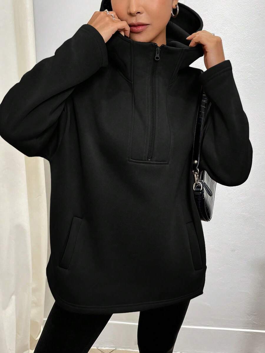 INAWLY Women's Solid Color Hooded Half-Zip Casual Sweatshirt