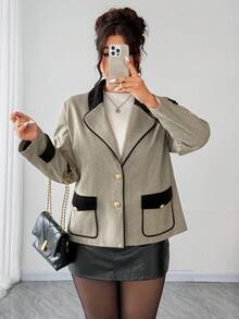 SHEIN Elenzya Plus Size Lapel Patchwork Button Up Loose Long Sleeve Coat For Women, Autumn/Winter - Brown - View 6