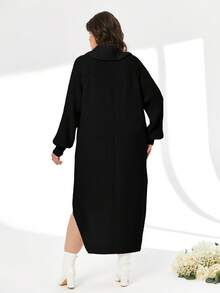 SHEIN Cottnline High Neck Raglan Sleeve Slit Thigh Sweater Dress (No Belt) - Black - View 2