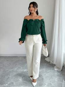 Elenzga Plus Size Solid Color Bow Decor Elegant Long Sleeve Shirt Fall - Dark Green - View 6