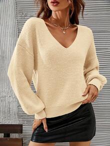 SHEIN Frenchy 女士休闲纯色V领蝙蝠袖毛衣 - Butter Yellow - 查看 5