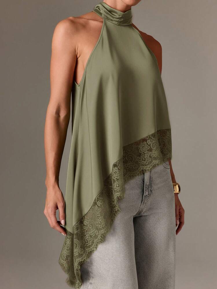 High Neck Halter Top With Lace Trim