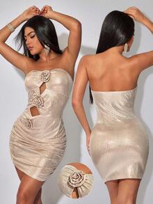 CHARMVALE Women's 3D Floral Embellished Short Party Dress - Khaki - View 3