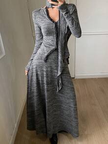 DAZY طقم ملابس علوية طويلة الأكمام ذات رقبة على شكل حرف V وتنورة طويلة على شكل حرف A للنساء، طقم ملابس كاجوال للعطلات، خريف/شتاء، قطعتان