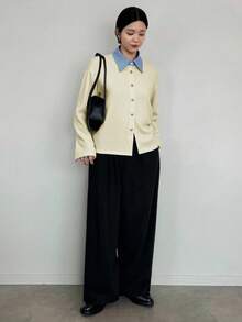 FRIFUL Áo thun nữ thường ngày với họa tiết sọc vá và thiết kế hở vai, tay dài, cài một hàng khuy - Màu be - Xem 3