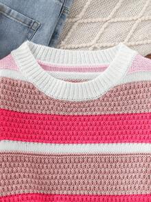 Sparklyn Colorful Striped Sweater, Casual Style, Fashionable Knit Top For Teen Girl Suitable For Autumn/Winter Cropped Sweater Tween Girl Clothes Sweater Girl Clothes Autumn And Winter Clothes Pink Sweater For Girls Sweater For Tweens Summer Clothes For Teens Sweater Pink Striped Sweater Girls Pink Sweater - Multicolor - View 3