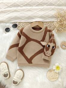 SHEIN Playful Pals 可爱长颈鹿提花针织毛衣，搭配可爱3D耳朵，幼儿圆领长袖上衣，休闲又复古，温暖舒适，守护宝宝成长的每一刻 - 卡其色 - 查看 4