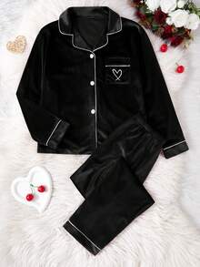 SHEIN 2 件套女童睡衣套装，黑色休闲韩版羊毛心形刺绣开衫长袖和裤子家居服 - 黑色 - 查看 4