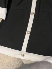 GlowEve 时尚新款优雅女式针织修身纽扣装饰前开撞色长袖中长连衣裙