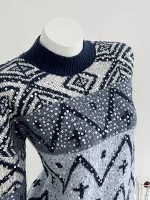 SHEIN Unity 1 Áo len chui đầu thêu hạt cườm thanh lịch dành cho nữ, mặc hàng ngày, màu xanh lam - Màu xanh lam - Xem 6