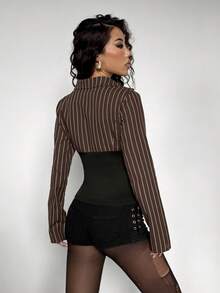 StreetHx 街头服饰女式条纹拼色腰部收紧长袖衬衫，秋季 - 棕色 - 查看 2