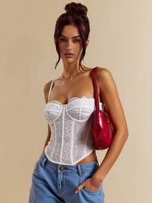 SHEIN BAE Women's Solid Color Spaghetti Strap Sexy Herringbone Trim Casual Fitted Camisole - White - View 1