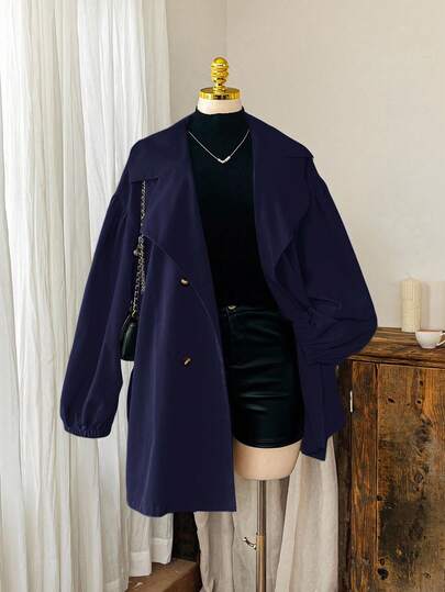 SHEIN EZwear Plus Size Black Lapel Button Tie Casual Minimalist Windbreaker French Style Clothes In Fall/Winter