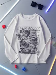 Transformers X SHEIN 青少年男孩休闲字母和机器人印花长袖 T 恤，秋季 - 杏色 - 查看 1