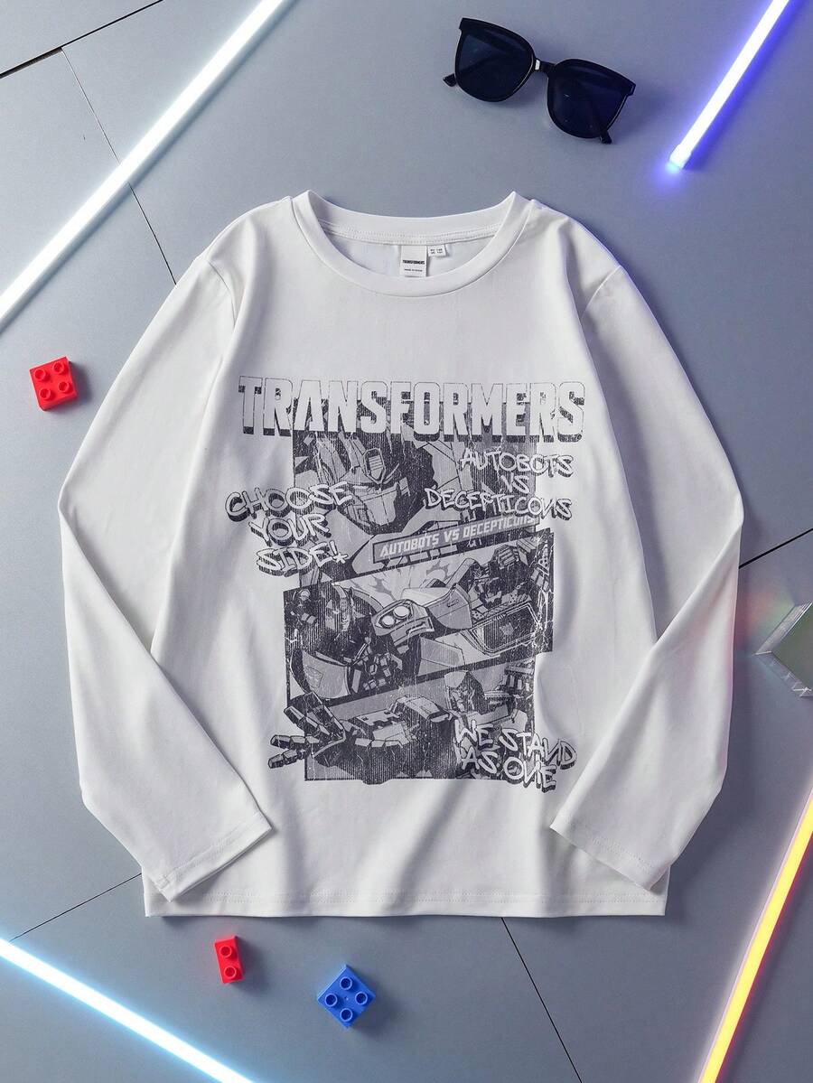 Transformers X SHEIN 青少年男孩休闲字母和机器人印花长袖 T 恤,秋季 - 杏色 - 查看 1
