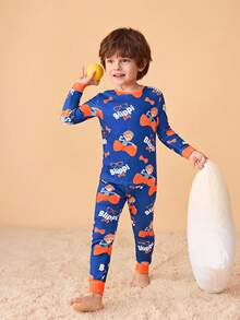 Blippi X SHEIN Young Boy Cartoon Figure Graphic Colorblock Splice Elastic Snug Fit Pajama Set For Autumn/Winter Boy Pjs Set