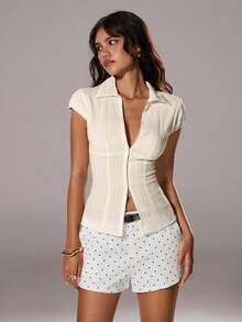 TRNVIE 夏季白色纹理领口修身胸前纽扣性感办公室女士棉质条纹短袖衬衫 - 杏色 - 查看 8