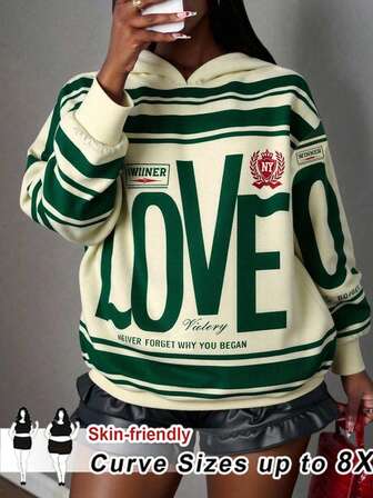 SHEIN CURVE+ Casual Minimalist Leopard & Cherry Print Hooded Loose Fit Thick Sweatshirt For Women, Autumn/Winterfall Clothes For Women,Winter,CURVE PLUS Y2k Academia Clothes Y2k