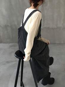 FRIFUL 女式时尚纯色V领无袖宽松长款休闲牛仔连衣裙 - 深灰色 - 查看 1