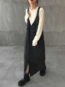 FRIFUL 女式时尚纯色V领无袖宽松长款休闲牛仔连衣裙 - 深灰色 - 查看 4