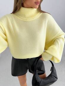 休闲纯色高领灯笼袖毛衣，秋冬 - 淡黃色 - 查看 5