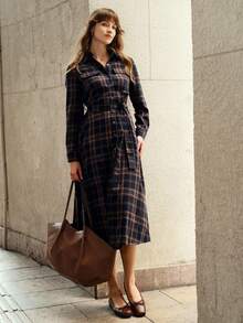 Écloséra Women's Casual Retro Plaid Shirt Dress, Button Dress, Women's Dark Purple Plaid Dress, Women's Retro Plaid Dress, Women's Button Dress, Women's Casual Commuter Dress, Autumn Dress - Multicolor - View 3