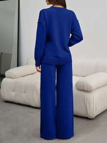EURMUSE Women Round Neck Rib Knitted Sweater And Sweater Pant 2pcs Sets Co-Ord - Royal Blue - View 2