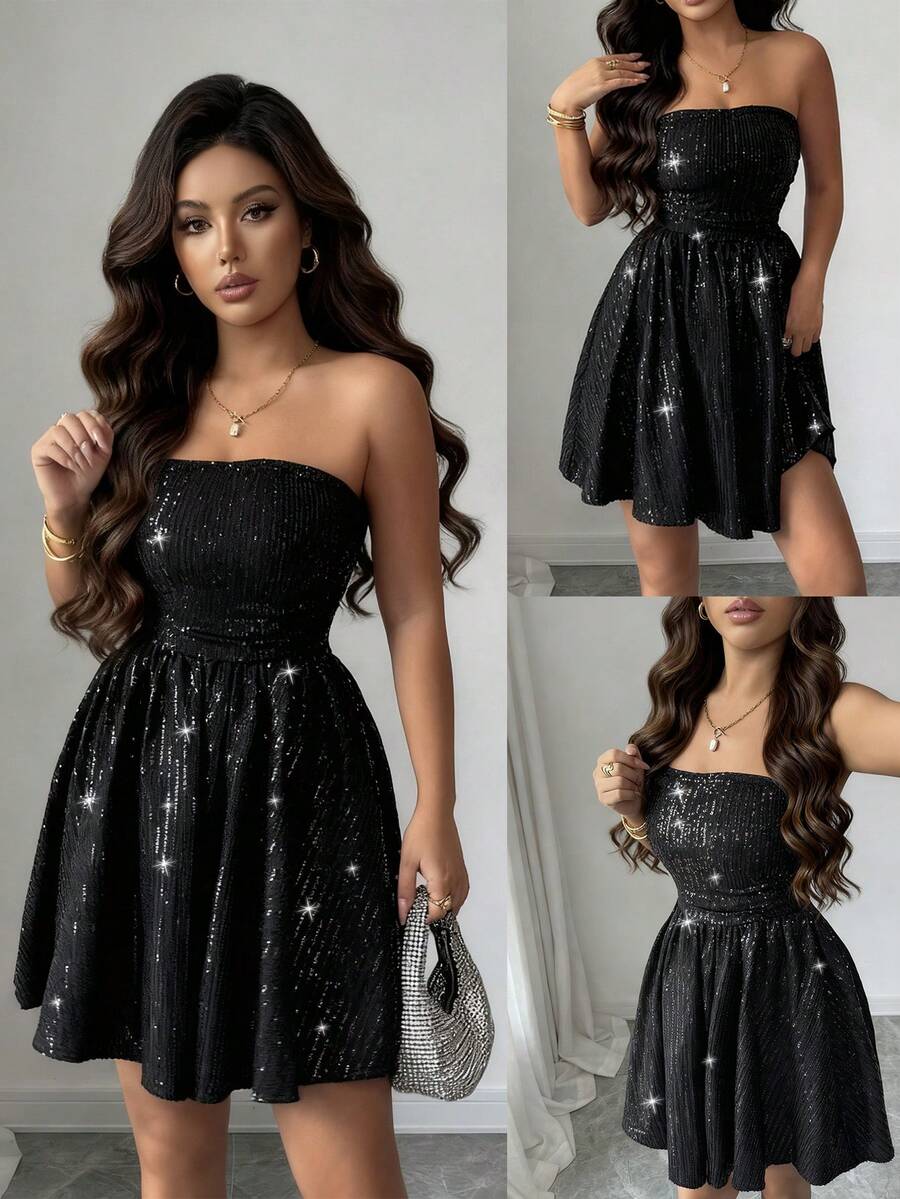 SHEIN Raffinéa New Fashion Elegant Party Style Date Dress Sleeveless Full Skirt Body-Hugging Waist Slimming Black Shiny Sequins Short Party Women's Dress, Elegant Dress For Women,Black Formal Dress For Women , Luxury Dresses ,Chic Dress, Sequin Dress For Women, Christmas Women's Clothing,New Year Clothes,Elegant Dresses For Party,Going Out Outfit ,Graduation Dress For Women,, Prom Dresses
