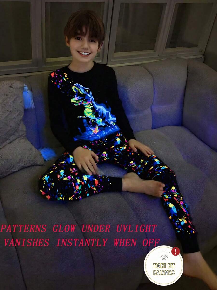 2 pièces Ensemble de pyjama à manches longues et pantalon ajusté avec imprimé luminescent pour garçons