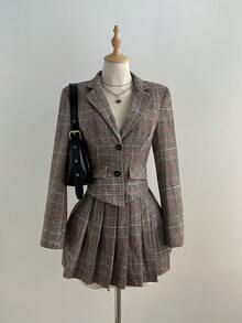 Elamini Women's Houndstooth Wool Blend Asymmetric Hem Blazer & Pleated A-Line Skirt Suit Set, Autumn/Winter - Multicolor - View 3