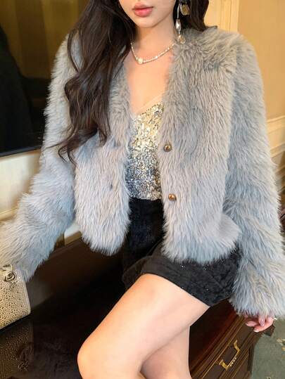 DAZY 女士时尚优雅纯色毛绒夹克，秋季