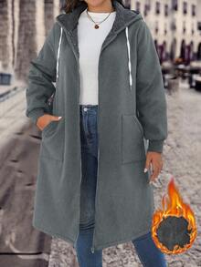 SHEIN LUNE 加大码拉链抽绳连帽夹克，保暖内衬，适合秋冬季 - 灰色 - 查看 4