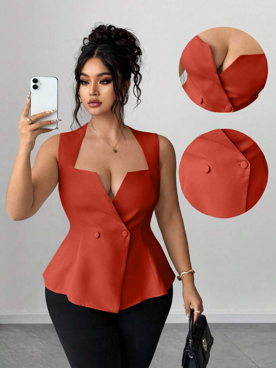 Elenzga Plus Size Women's Elegant Sleeveless Shirt, Sweetheart Neck Double-Breasted Closure, Slim Fit, Suitable For Work And Commute, Summer - Red - View 1