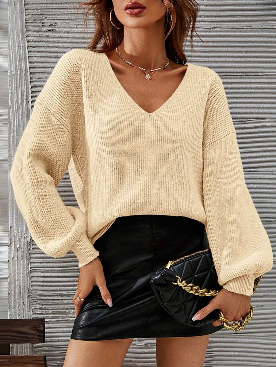 SHEIN Frenchy 女士休闲纯色V领蝙蝠袖毛衣 - Butter Yellow - 查看 1