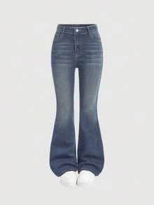 SHEIN Girlism 少女字母刺绣口袋喇叭休闲牛仔裤 - 藍色 - 查看 2