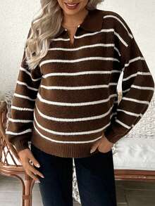 SHEIN Maternity Casual Striped Lapel Drop Shoulder Loose Knit Sweater, Autumn/Winter - Chocolate Brown - View 6