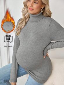 SHEIN Maternity Solid Color Long Sleeve Sweater Pregnancy Shirts Maternity Clothes Winter Maternity Clothes Maternity Turtleneck Maternity Shirt - Grey - View 5